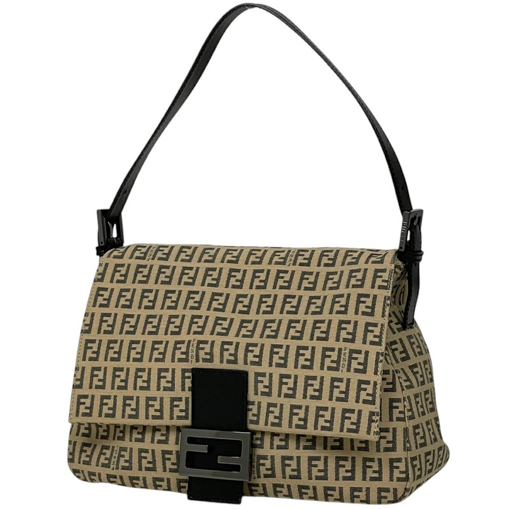 Fendi Zucchino Shoulder Bag Handbag Mamma Bucket Canvas Beige Black